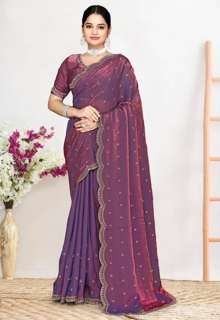 Dusty purple color fendi satin silk two tone zircon work saree