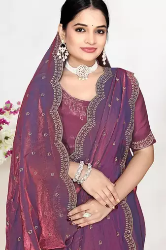 Dusty purple color fendi satin silk blend two tone zircon work saree