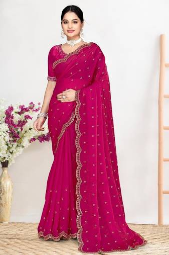 Rani color fendi satin silk two tone zircon work saree