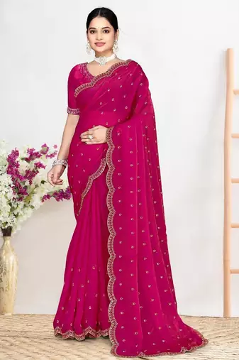 Rani color fendi satin silk two tone zircon work saree