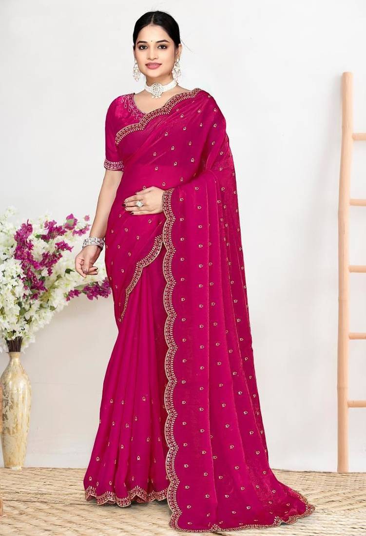Rani color fendi satin silk two tone zircon work saree