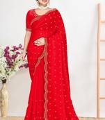 Red color fendi satin silk blend two tone zircon work saree