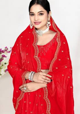 Red color fendi satin silk blend two tone zircon work saree 2