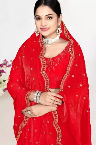 Red color fendi satin silk blend two tone zircon work saree