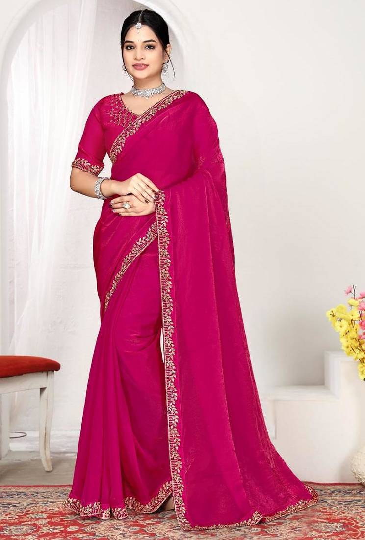 Rani color fendi satin silk two tone zircon work saree
