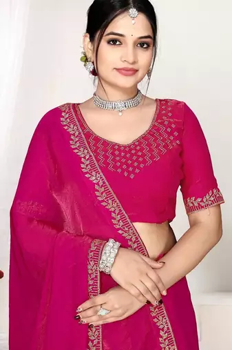 Rani color fendi satin silk blend two tone zircon work saree