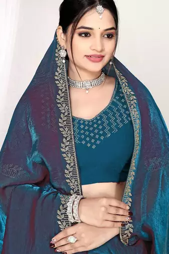 Morpeach color fendi satin silk blend two tone zircon work saree