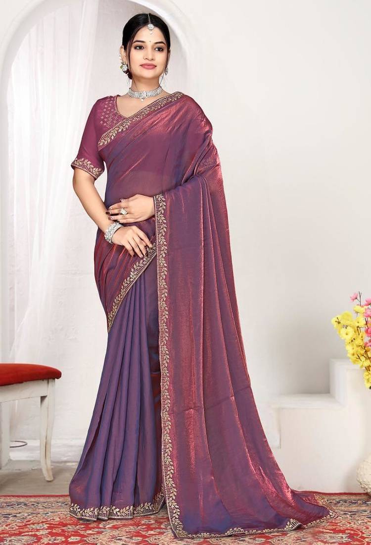 Dusty purple color fendi satin silk two tone zircon work saree