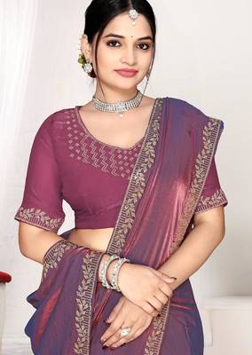 Dusty purple color fendi satin silk blend two tone zircon work saree 2