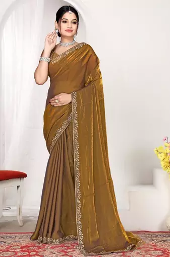 Gold color fendi satin silk two tone zircon work saree