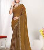 Gold color fendi satin silk blend two tone zircon work saree