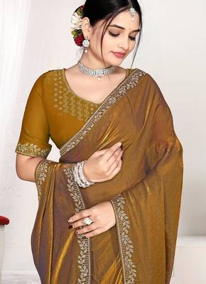 Gold color fendi satin silk blend two tone zircon work saree 2