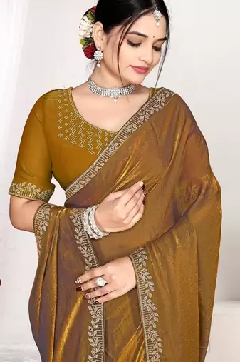 Gold color fendi satin silk blend two tone zircon work saree