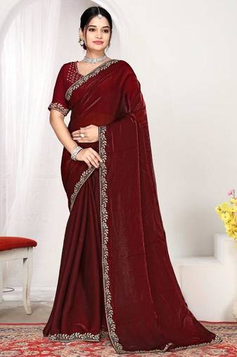 Maroon color fendi satin silk two tone zircon work saree