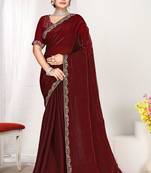 Maroon color fendi satin silk blend two tone zircon work saree