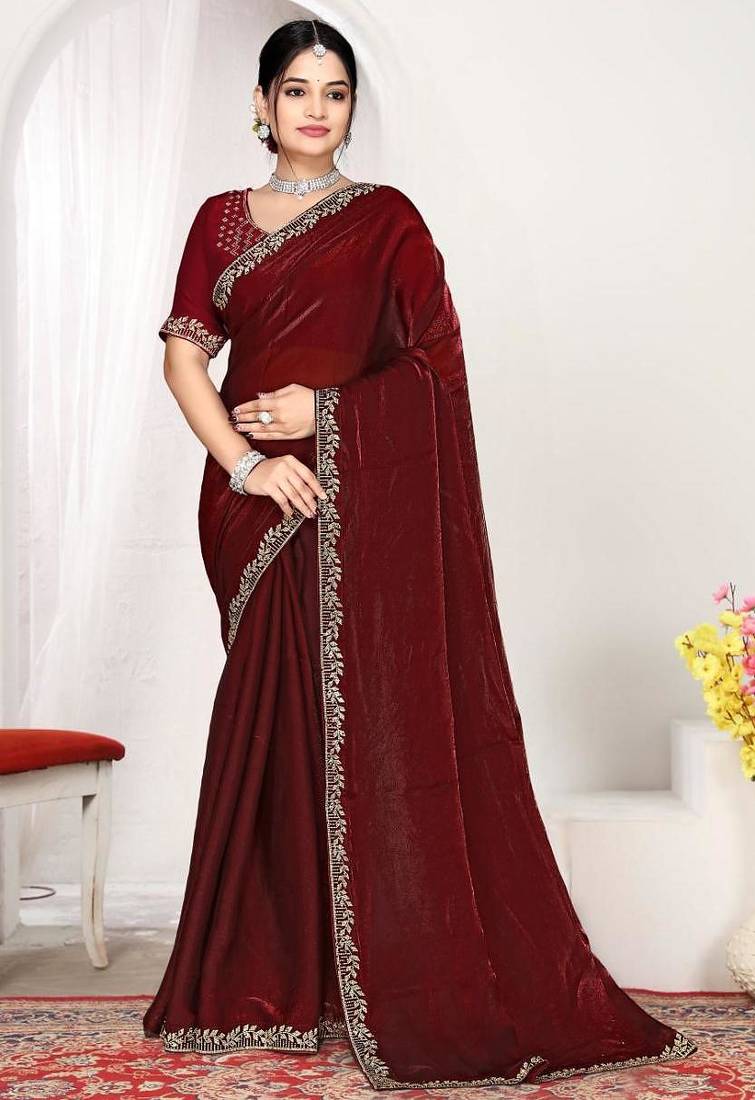 Maroon color fendi satin silk two tone zircon work saree