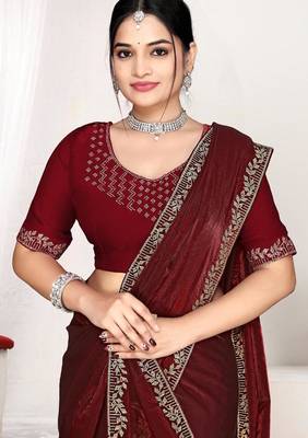 Maroon color fendi satin silk blend two tone zircon work saree 2