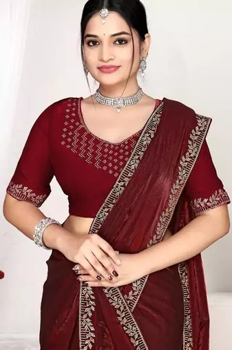 Maroon color fendi satin silk blend two tone zircon work saree