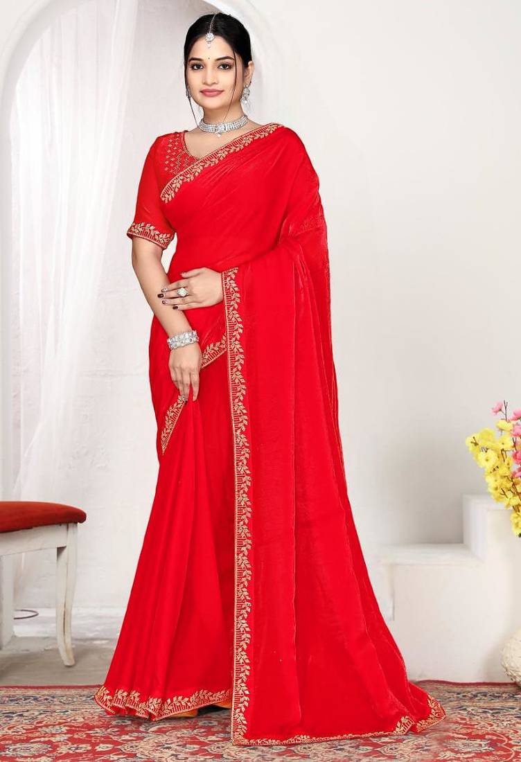 Red color fendi satin silk two tone zircon work saree