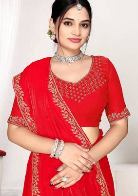 Red color fendi satin silk blend two tone zircon work saree 2
