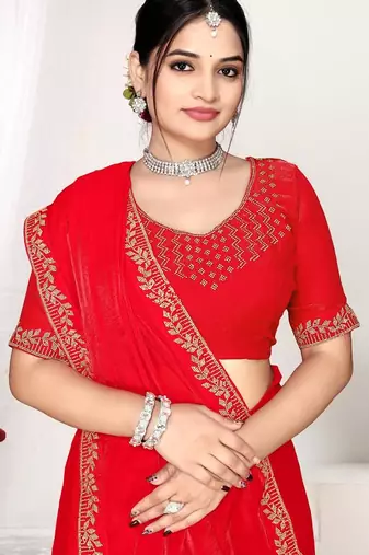 Red color fendi satin silk blend two tone zircon work saree