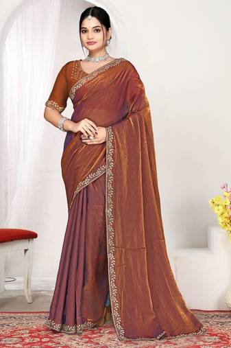 Rust color fendi satin silk two tone zircon work saree