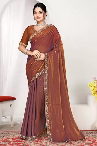 Rust color fendi satin silk two tone zircon work saree