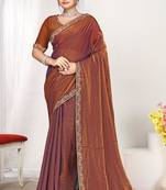 Rust color fendi satin silk blend two tone zircon work saree