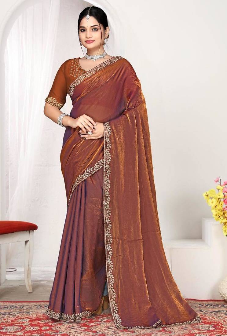Rust color fendi satin silk two tone zircon work saree