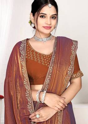 Rust color fendi satin silk blend two tone zircon work saree 2