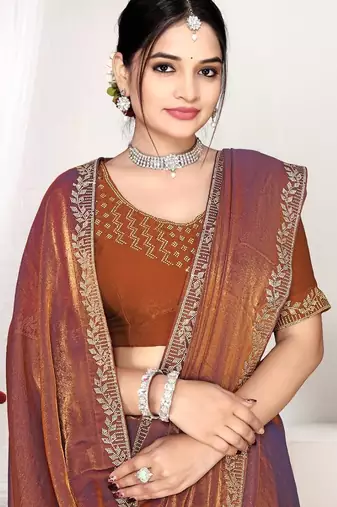 Rust color fendi satin silk blend two tone zircon work saree