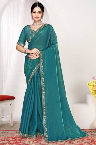 Firozi color fendi satin silk two tone zircon work saree