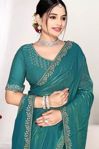 Firozi color fendi satin silk blend two tone zircon work saree