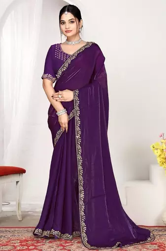 Purple color fendi satin silk two tone zircon work saree