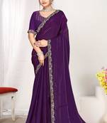 Purple color fendi satin silk blend two tone zircon work saree