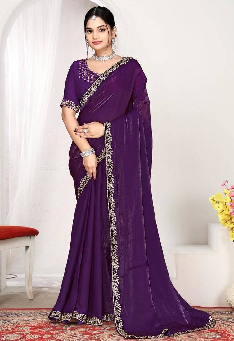 Purple color fendi satin silk two tone zircon work saree