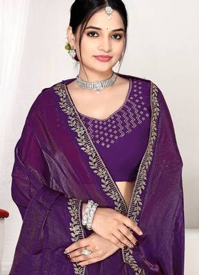 Purple color fendi satin silk blend two tone zircon work saree 2