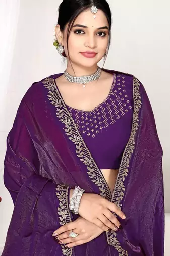 Purple color fendi satin silk blend two tone zircon work saree
