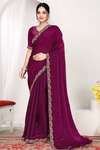 Wine color fendi satin silk two tone zircon work saree