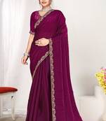 Wine color fendi satin silk blend two tone zircon work saree