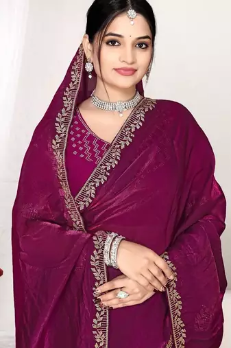 Wine color fendi satin silk blend two tone zircon work saree