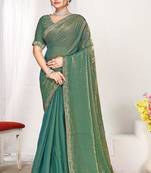 Ice blue color fendi satin silk blend two tone zircon work saree