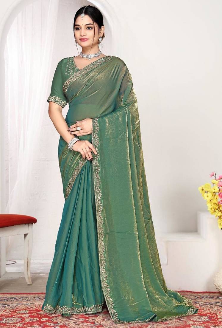 Ice blue color fendi satin silk two tone zircon work saree
