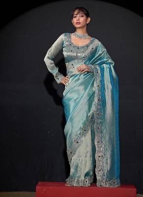 Sky blue kanjivaram pure silk blend zircon border saree 1