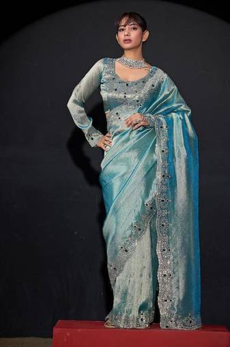 Sky blue color kanjivaram pure silk zircon border saree