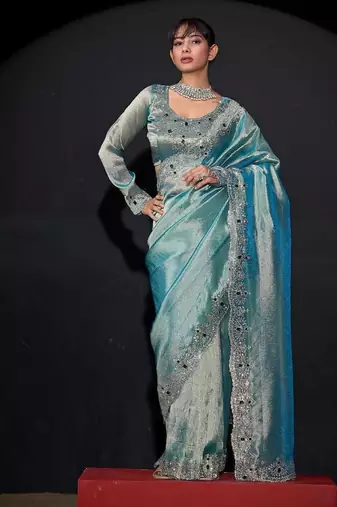 Sky blue color kanjivaram pure silk zircon border saree