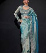 Sky blue color kanjivaram pure silk blend zircon border saree