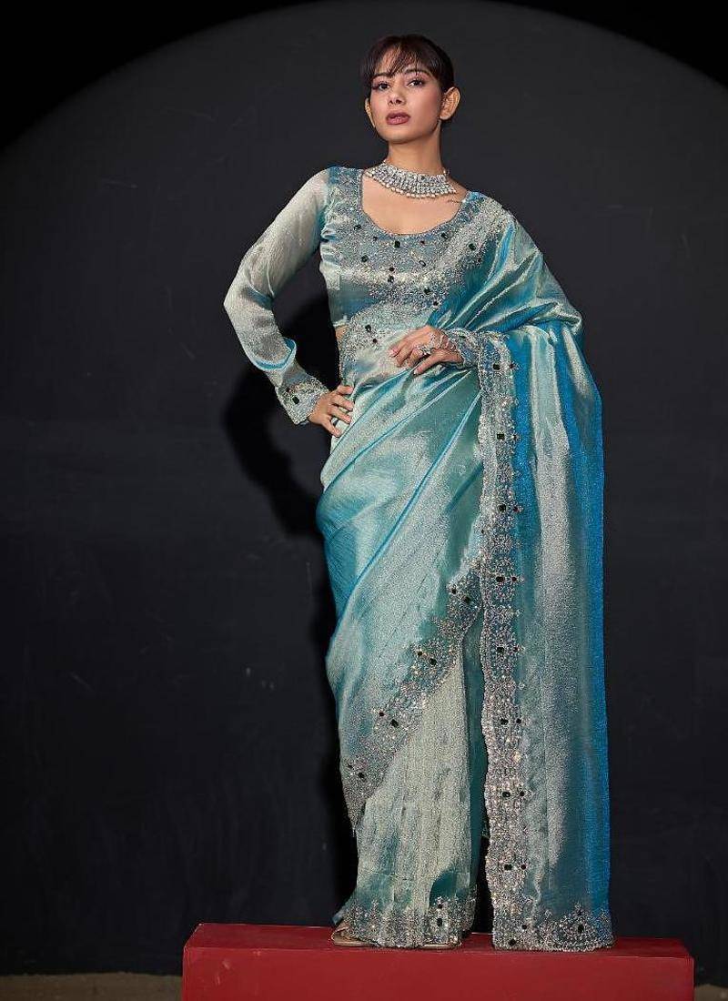 Sky blue color kanjivaram pure silk zircon border saree