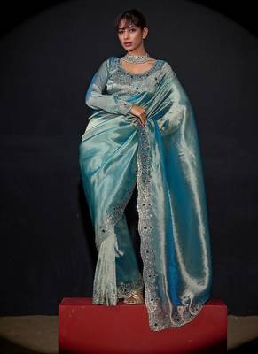 Sky blue kanjivaram pure silk blend zircon border saree 2
