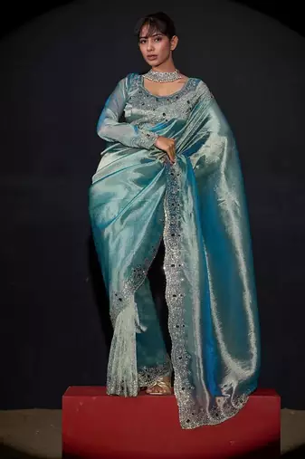 Sky blue color kanjivaram pure silk blend zircon border saree